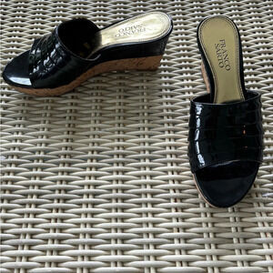 Franco Sarto Black Patent Leather Cork Wedge Sandal